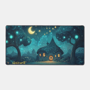 Gemütliche Hütte, die unter dem Halbmond glüht Schreibtischunterlage