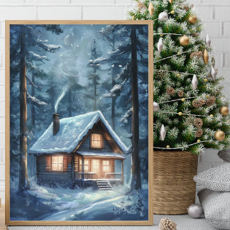 Gemütliche Hütte im Snowy Forest Poster