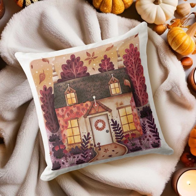 Gemütliche Hütte und Herbstausgänge Kissen (Cozy Cottage and Fall Autumn Leaves Throw Pillow)