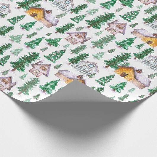 Gemütliche Hütten im Pinienwald Wasserfarben Muste Geschenkpapier (Ecke)