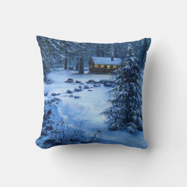 "Gemütliche Kabine im Schnee" Kissen (Vorderseite)