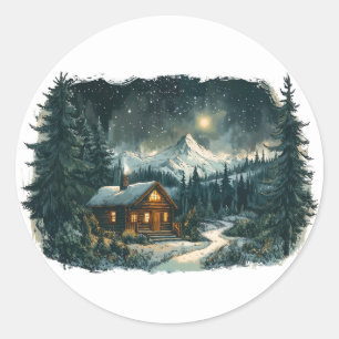 Gemütliche Kabine in einem Winterwunderland Runder Aufkleber