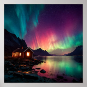 Gemütliche Kabine unter Nordlicht Fjord Szene Poster