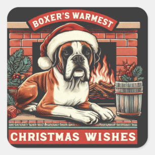 Gemütliche Kamin-Szene Vintage-Boxerhund Weihnacht Quadratischer Aufkleber