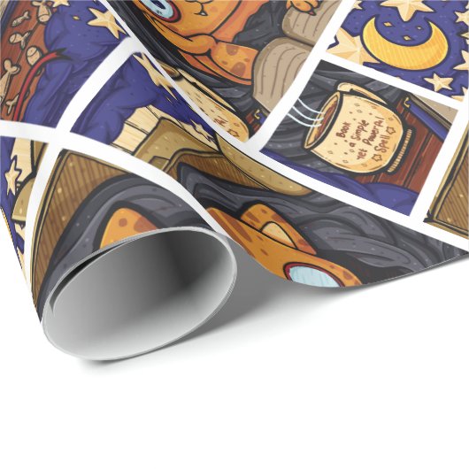 Gemütliche Katze in einem Blumenstrauß mit BuchIll Geschenkpapier (Rolleneckpunkt)