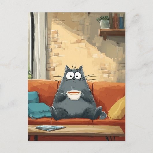 Gemütliche Katze mit Kaffee Postkarte (Vorderseite)