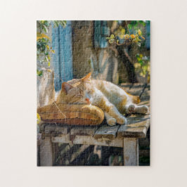 Gemütliche Katze schläft im Garten auf einer Bank Puzzle