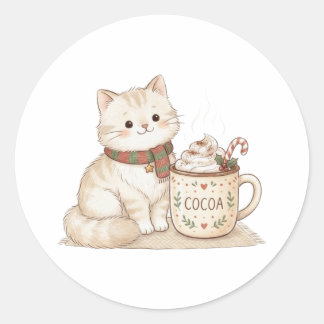 Gemütliche Katze und heiße Schokolade Weihnachtsst Runder Aufkleber