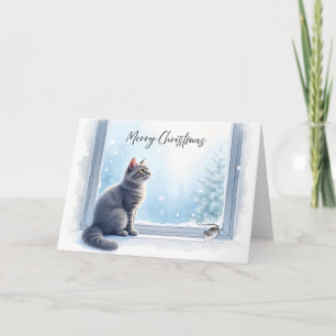 Gemütliche Katze und Maus am Fenster Weihnachtsaqu Karte