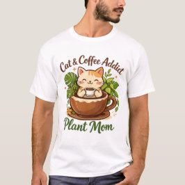 Gemütliche Katzen-Coffee- und Pflanzen-Kunst T-Shirt