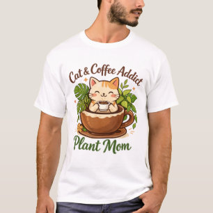 Gemütliche Katzen-Coffee- und Pflanzen-Kunst T-Shirt