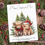 Gemütliche Kühe-Landtiere frohe Weihnachten<br><div class="desc">Suchen Sie nach den niedlichen Weihnachtskarten der Saison! Unser Highland Cow Duo mit zwei Ferienkalben wird Ihnen sicher ein Lächeln in die Gesichter Ihrer Lieben bringen. Das Design ist bezaubernd: Die Kälber tragen eine Weihnachtsmannmütze und einen karierten Winterschal, umgeben von Bäumen und einem gemütlichen winterlichen Aquarell. Die Nachricht "Frohe Weihnachten...</div>