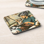 Gemütliche Lady Reading mit Kaffee und Katze Getränkeuntersetzer (Linke Seite)