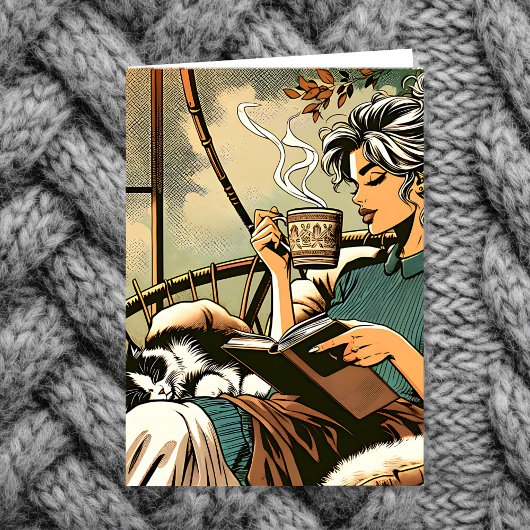Gemütliche Lady Reading mit Kaffee und Katze Karte
