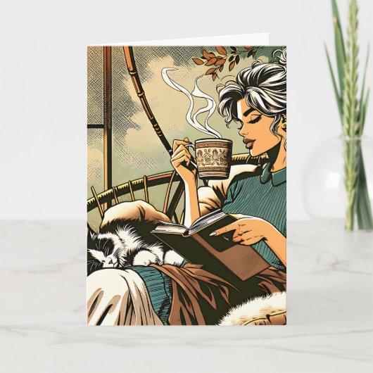 Gemütliche Lady Reading mit Kaffee und Katze Karte (Vorderseite)