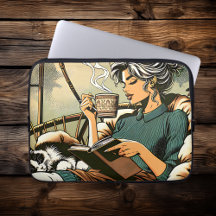 Gemütliche Lady Reading mit Kaffee und Katze