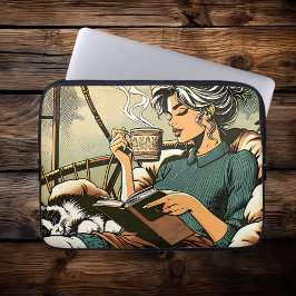 Gemütliche Lady Reading mit Kaffee und Katze Laptopschutzhülle