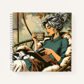 Gemütliche Lady Reading mit Kaffee und Katze Notizblock (Vorderseite)