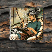 Gemütliche Lady Reading mit Kaffee und Katze