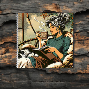 Gemütliche Lady Reading mit Kaffee und Katze Notizblock