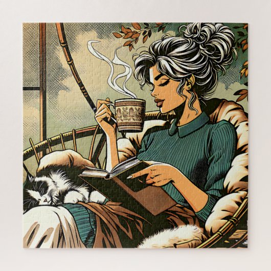 Gemütliche Lady Reading mit Kaffee und Katze Puzzle (Vertikal)