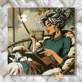 Gemütliche Lady Reading mit Kaffee und Katze Puzzle