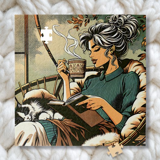 Gemütliche Lady Reading mit Kaffee und Katze Puzzle