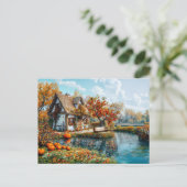 Gemütliche Lakeside Hütte im Herbst Illustration Postkarte (Stehend Vorderseite)
