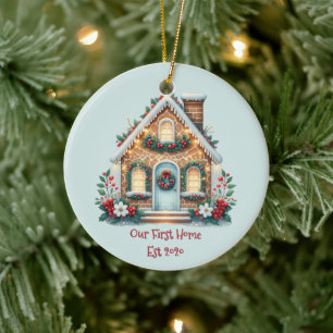 Gemütliche Lebkuchenhütte-Weihnachtsillustration Keramik Ornament