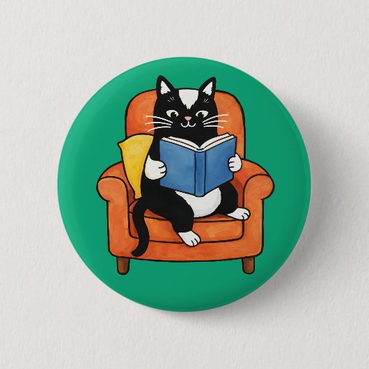 Gemütliche Lesekatze im Sessel Bücherliebhaber Button (Vorderseite)