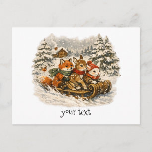 Gemütliche nordische Weihnachts-Waldtiere Schlitte Postkarte