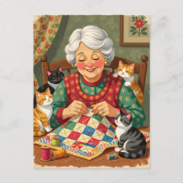 Gemütliche Oma-Quiltherin mit Katzen Postkarte