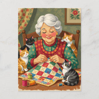 Gemütliche Oma-Quiltherin mit Katzen Postkarte