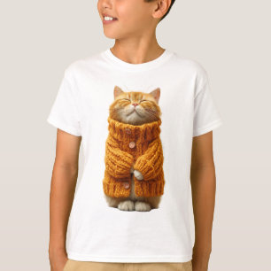 Gemütliche orange getigerte Katze in gestricktem P T-Shirt