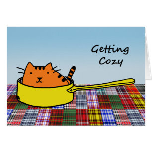 Gemütliche, orangefarbene Katze in gelbem Pan