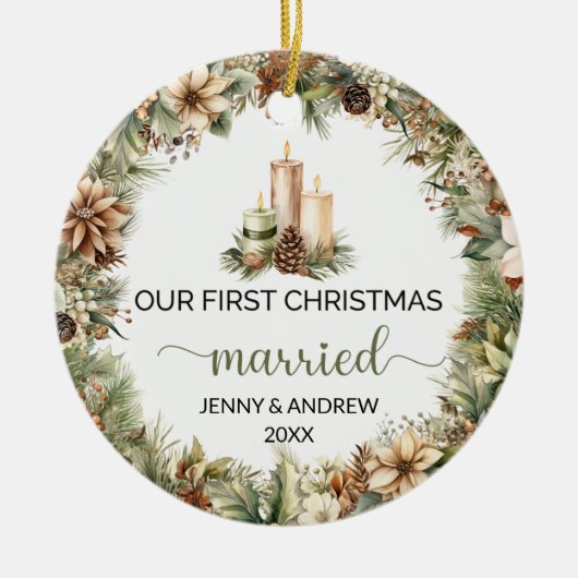 Gemütliche, pastellgrün und beige Weihnachtskerzen Keramik Ornament (Vorne)