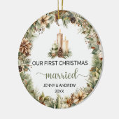 Gemütliche, pastellgrün und beige Weihnachtskerzen Keramik Ornament (Links)