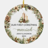 Gemütliche, pastellgrün und beige Weihnachtskerzen Keramik Ornament (Hinten)