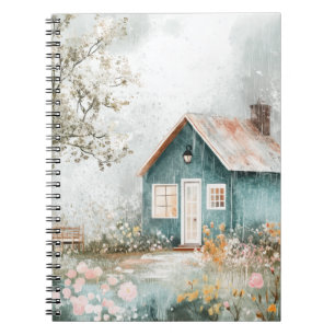 Gemütliche Regenlandschaft im Cottage-Wildblumenga Notizblock