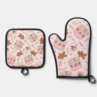 Gemütliche rosa Pastell-Torte- und Schleifen-Weihn Ofenhandschuh & Topflappen-Set