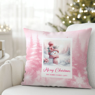 Gemütliche rosa Schneemann-Winter-Szene-Weihnachts Kissen