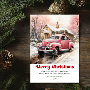Gemütliche rustikale Weihnachtsszene rosa Auto Aqu Feiertagskarte