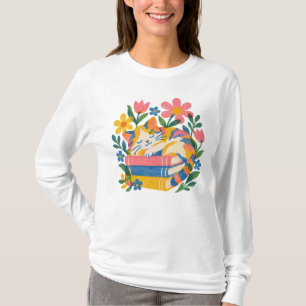 Gemütliche schlafende Katze auf Büchern Florales s T-Shirt