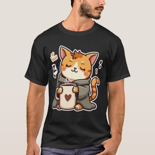 Gemütliche schlafende Katze mit Kaffeetasse T-Shirt (Vorderseite)