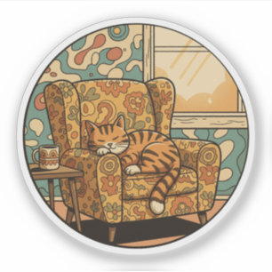 Gemütliche schlafende Katze - Retro-Blumen-Sessel- Aufkleber