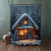 Gemütliche Schneehütte Weihnachten Winterwald Duschvorhang