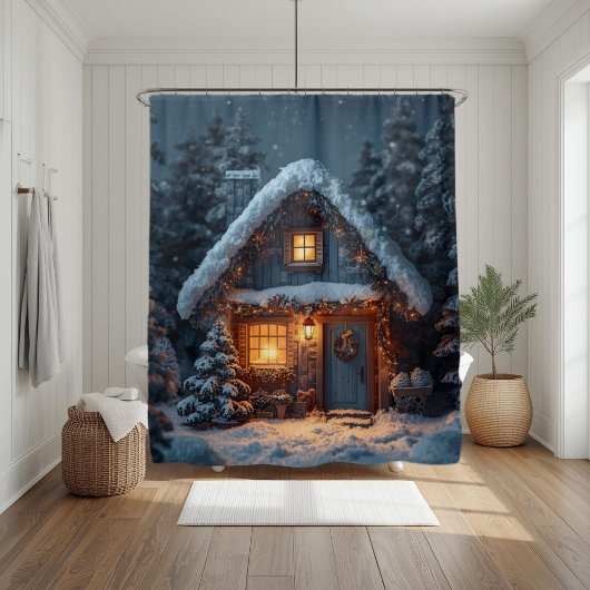 Gemütliche Schneehütte Weihnachten Winterwald Duschvorhang