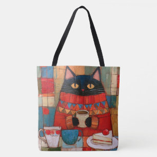 Gemütliche schwarze Katze trinkt Kaffee im Café Tasche