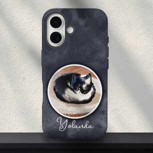 Gemütliche schwarze weiße schlafende Katze Kunst b iPhone 16 Hülle