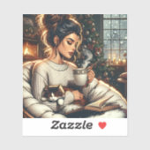 Gemütliche Szene | Frauen trinken Kakao mit Katze Aufkleber (Blatt)